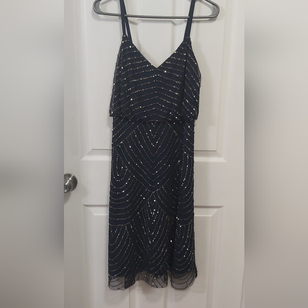Adrianna Pappell blouson dark blue cocktail dress with metallic beading size S
